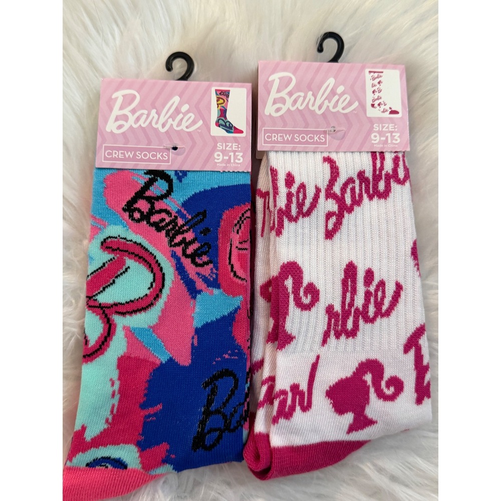 Barbie Crew Socks 2 Pair Pack Pink Blue White Logo Print Size 9-13 New